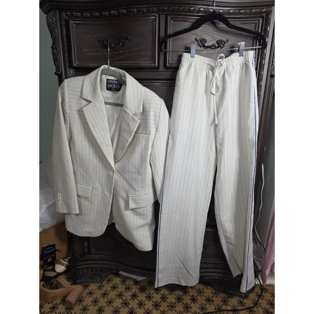 Divina Moda Womens Pinstripe Pant Suit Set Cream Blue Blazer Trousers Small
